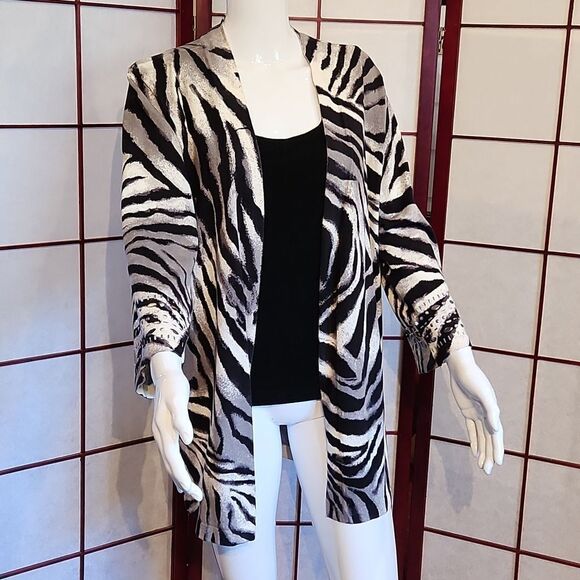 JM Collection Zebra Print Embellished Open-faced Cardigan - Picture 1 of 8